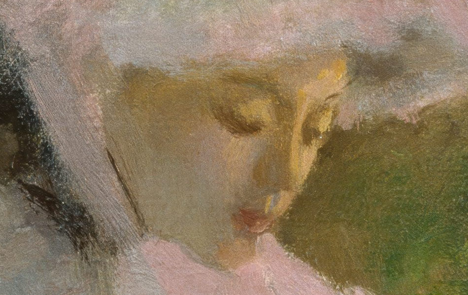 Close-up detail of Camille Monet's face in Springtime by Claude Monet, showing her absorbed expression while reading in the garden.